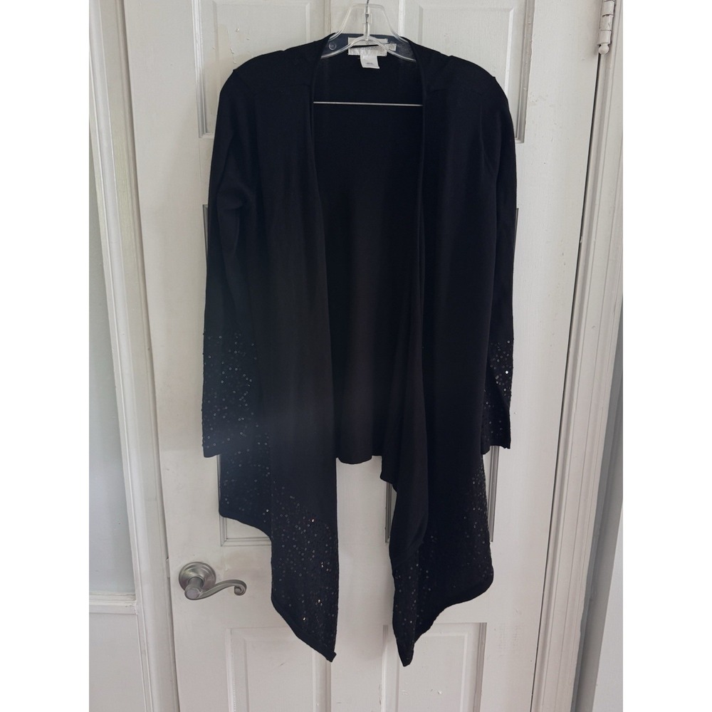 Soft Surroundings Black Sequin Draped‎ Open Front Cardigan PXS Waterfall Sweater